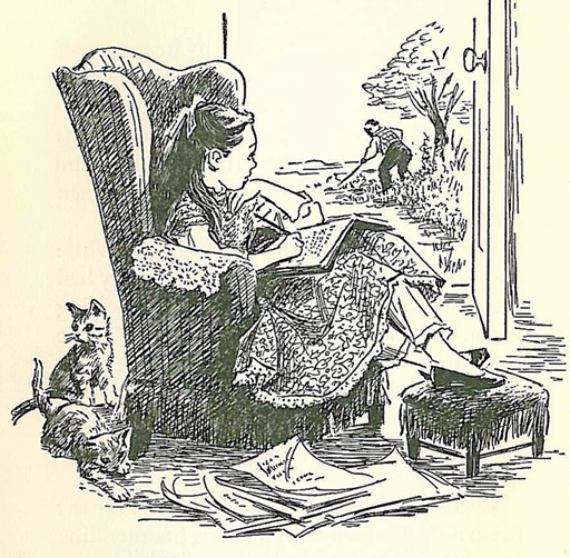 Louisa May Alcott in her own room, illustration by Flora Smith from The Story of Louisa May Alcott by Joan Howard